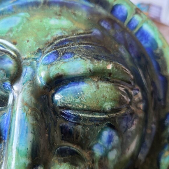 Rare handmade pottery whimsical vase or money saver with face image. Signed. - Picture 12 of 13